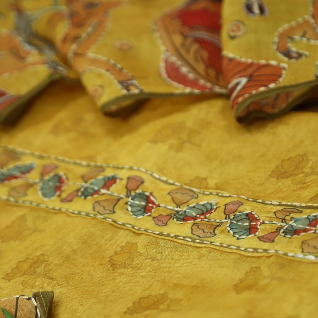 Shobha Mustard Yellow with Kantha Embroidery Neck Work Chanderi Suit Set