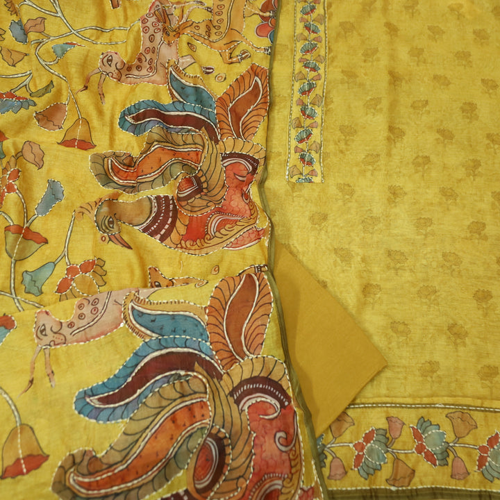 Shobha Mustard Yellow with Kantha Embroidery Neck Work Chanderi Suit Set