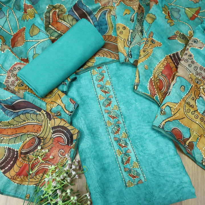 Shobha Aqua Blue with Kantha Embroidery Neck Work Chanderi Suit Set
