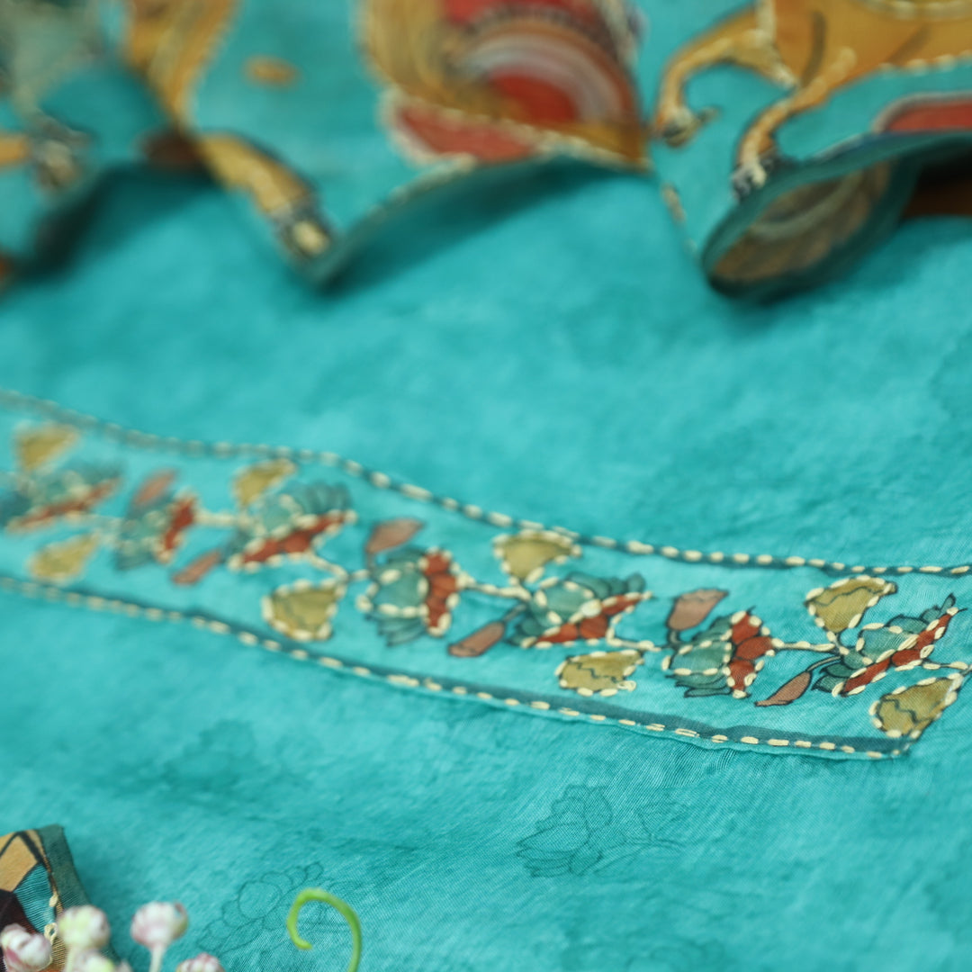 Shobha Aqua Blue with Kantha Embroidery Neck Work Chanderi Suit Set