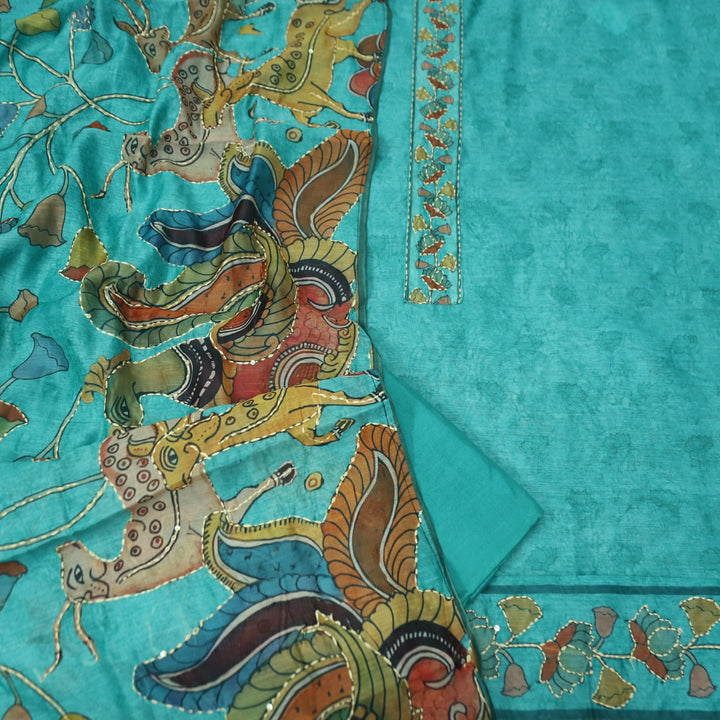 Shobha Aqua Blue with Kantha Embroidery Neck Work Chanderi Suit Set