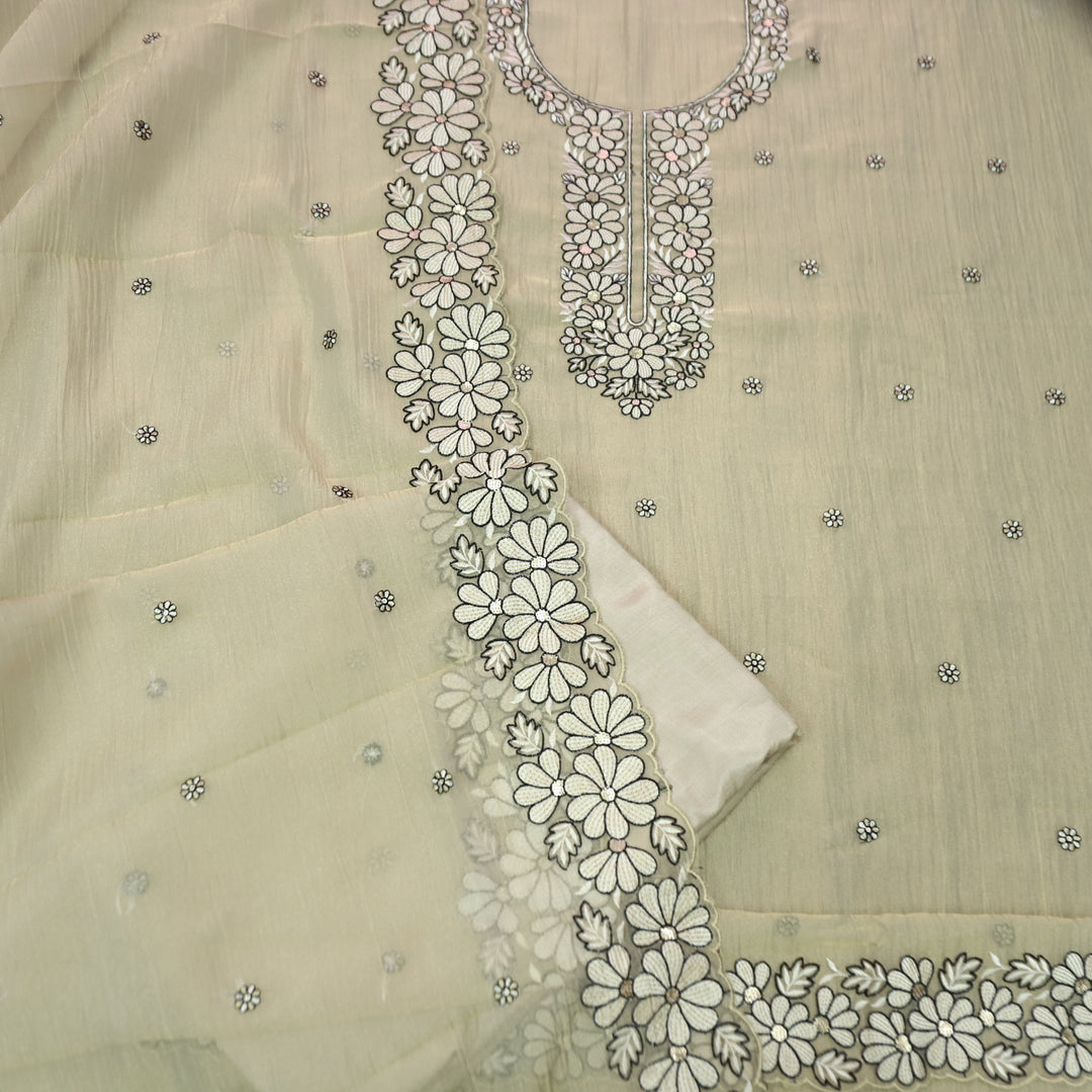 Avinya Buttermilk Beige Thread Embroidered Work in Crinkle Shimmer Tissue Organza Set