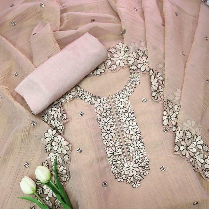 Avinya Pastel Mauve Pink Thread Embroidered Work in Crinkle Shimmer Tissue Organza Set