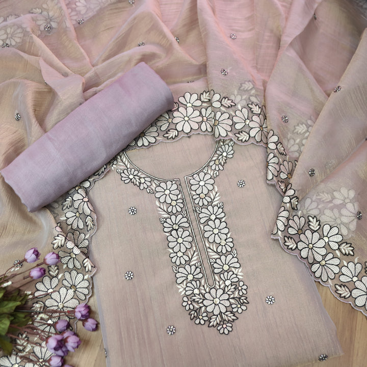Avinya Petal Lilac Thread Embroidered Work in Crinkle Shimmer Tissue Organza Set