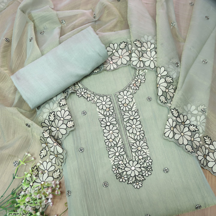 Avinya Castleton Sage Thread Embroidered Work in Crinkle Shimmer Tissue Organza Set