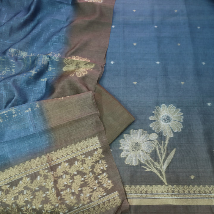 Khwahish Denim Blue Floral Zari Weaved Hem Work Jamdani Chanderi Suit Set