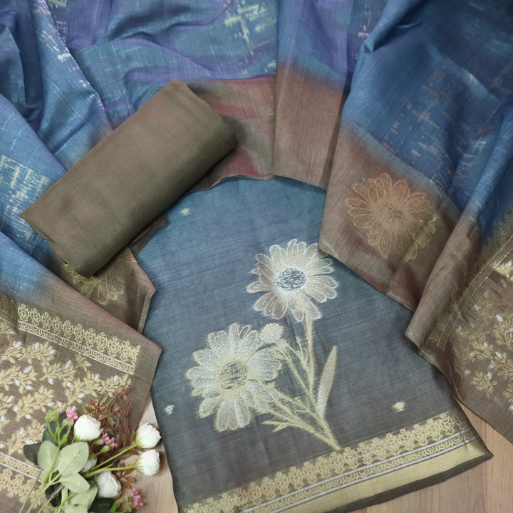 Khwahish Denim Blue Floral Zari Weaved Hem Work Jamdani Chanderi Suit Set