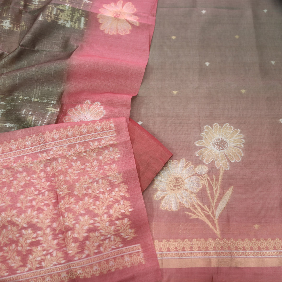 Khwahish Choco Mocha Floral Zari Weaved Hem Work Jamdani Chanderi Suit Set