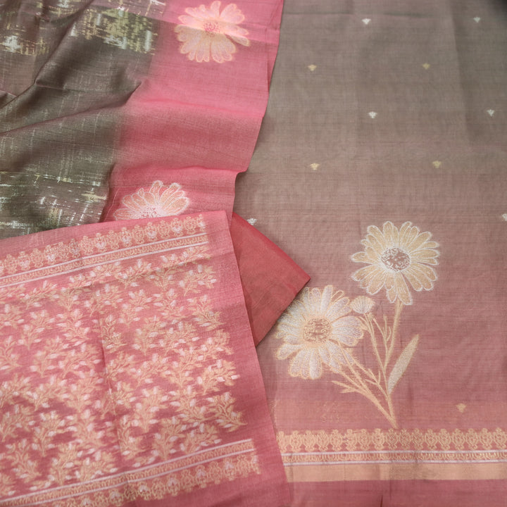Khwahish Choco Mocha Floral Zari Weaved Hem Work Jamdani Chanderi Suit Set