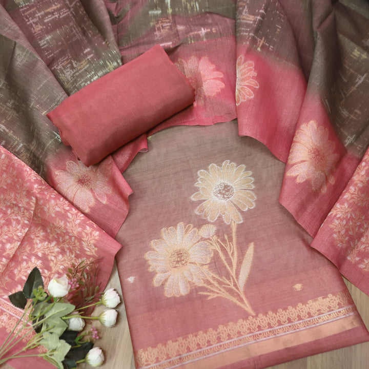 Khwahish Choco Mocha Floral Zari Weaved Hem Work Jamdani Chanderi Suit Set