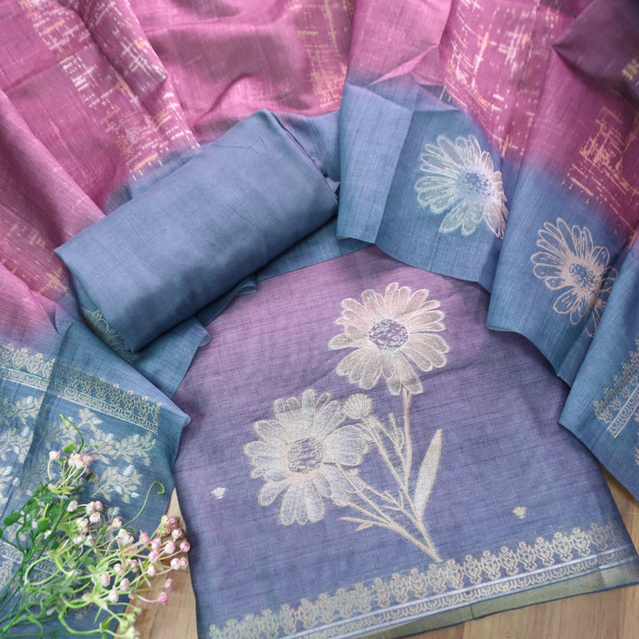 Khwahish Orchid Purple Floral Zari Weaved Hem Work Jamdani Chanderi Suit Set