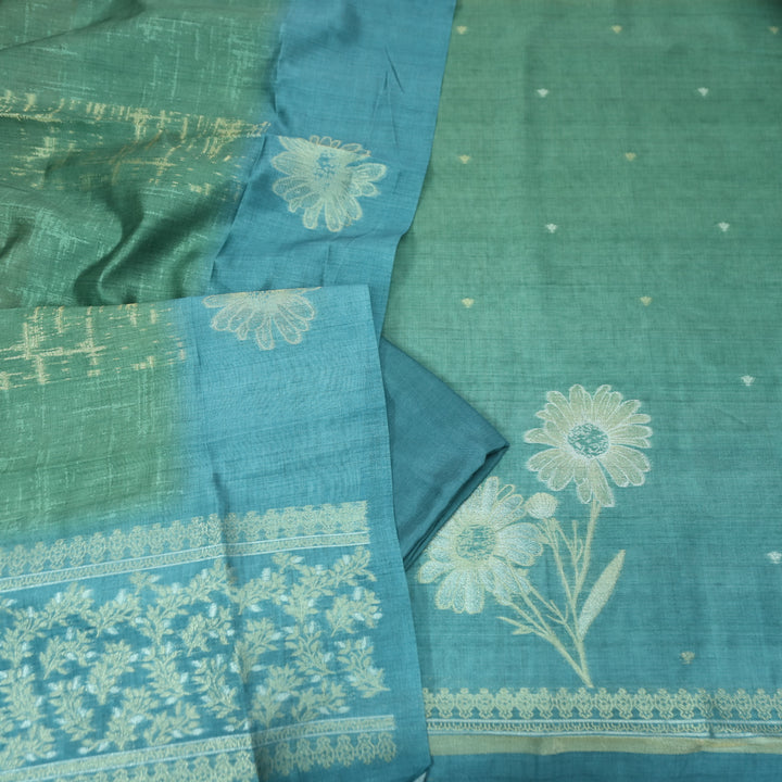 Khwahish Teal Green Floral Zari Weaved Hem Work Jamdani Chanderi Suit Set