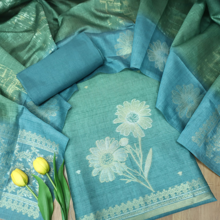 Khwahish Teal Green Floral Zari Weaved Hem Work Jamdani Chanderi Suit Set