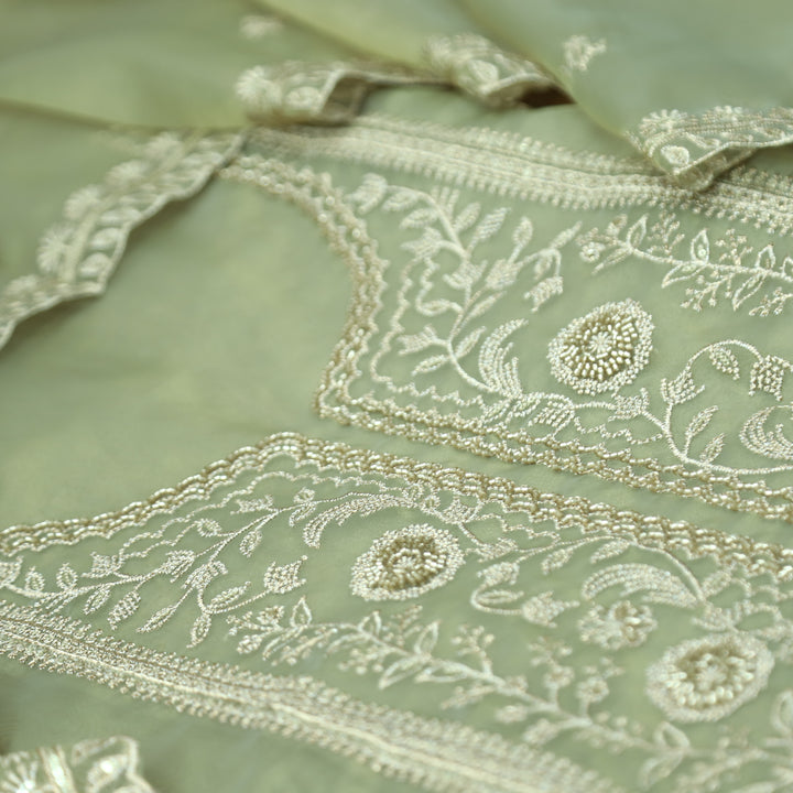 Sanaya Fern Green Panel Style with Embellish Zari and Kaddana Work Organza Set