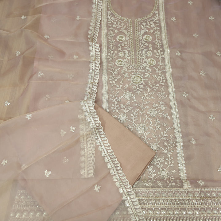 Sanaya Mauve Taupe Panel Style with Embellish Zari and  Kaddana Work Organza Set