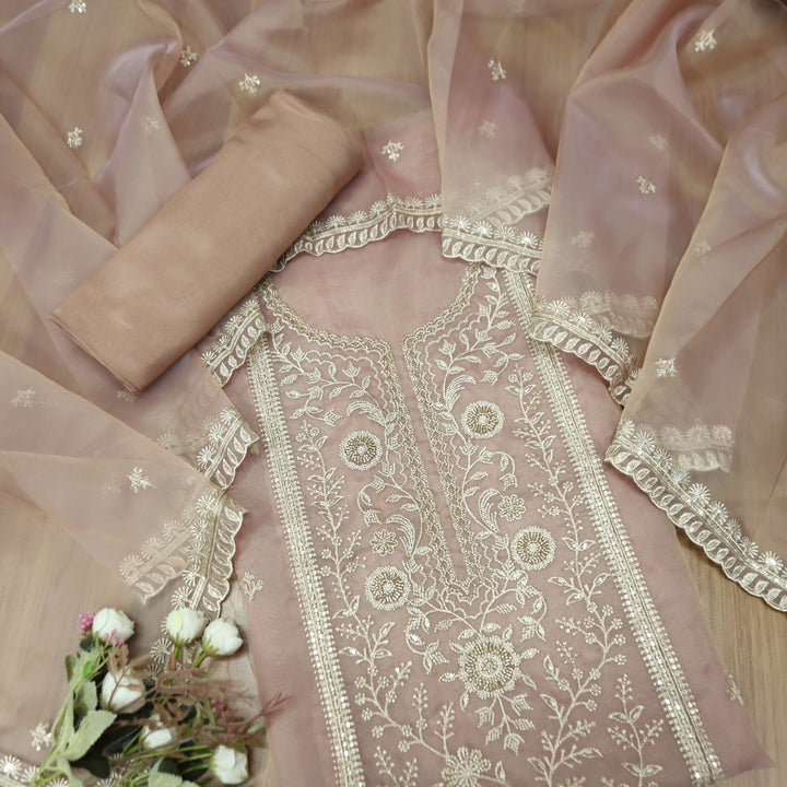 Sanaya Mauve Taupe Panel Style with Embellish Zari and  Kaddana Work Organza Set