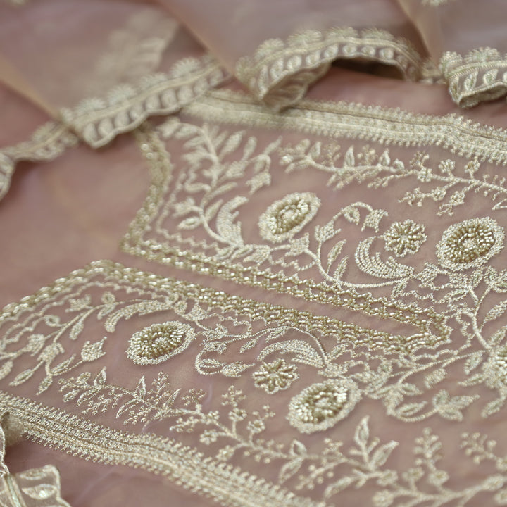 Sanaya Mauve Taupe Panel Style with Embellish Zari and  Kaddana Work Organza Set