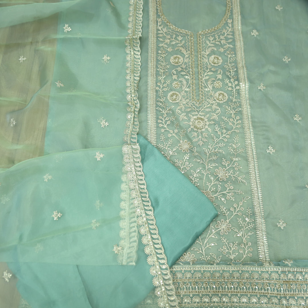 Sanaya Aqua Blue Panel Style with Embellish Zari and Kaddana Work Organza Set