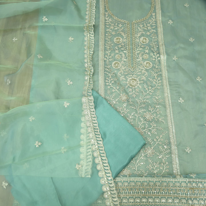 Sanaya Aqua Blue Panel Style with Embellish Zari and Kaddana Work Organza Set