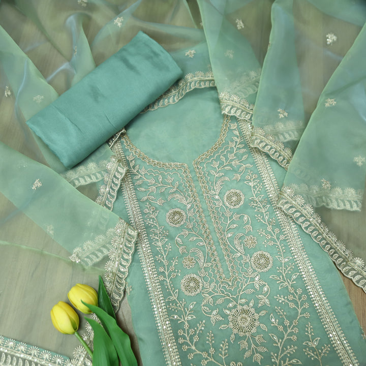 Sanaya Aqua Blue Panel Style with Embellish Zari and Kaddana Work Organza Set