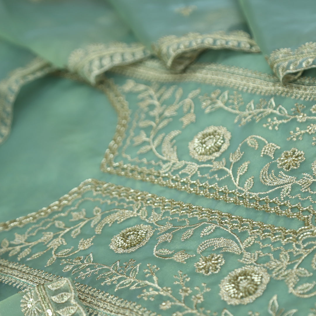 Sanaya Aqua Blue Panel Style with Embellish Zari and Kaddana Work Organza Set