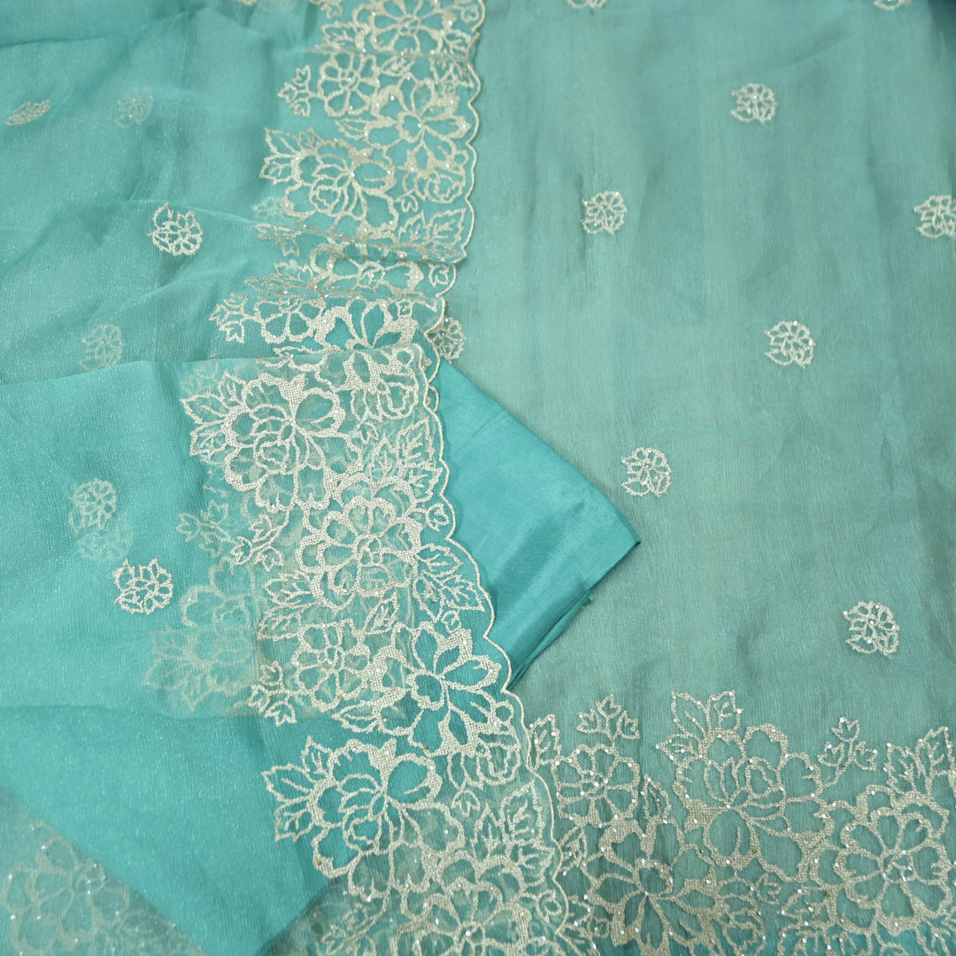 Ananya Sea Form Blue Cut Work with Zari and Stone Work Crinkle Organza Suit Set