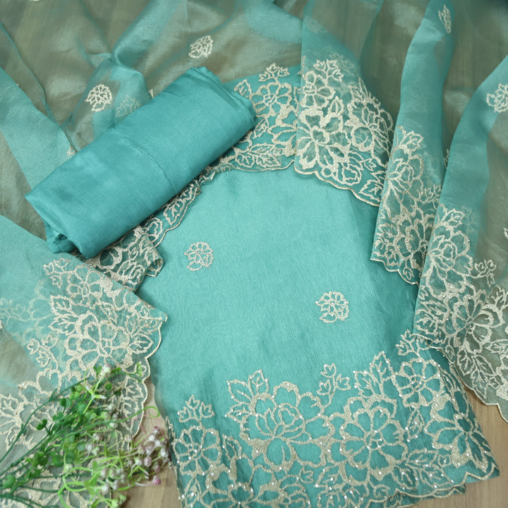 Ananya Sea Form Blue Cut Work with Zari and Stone Work Crinkle Organza Suit Set