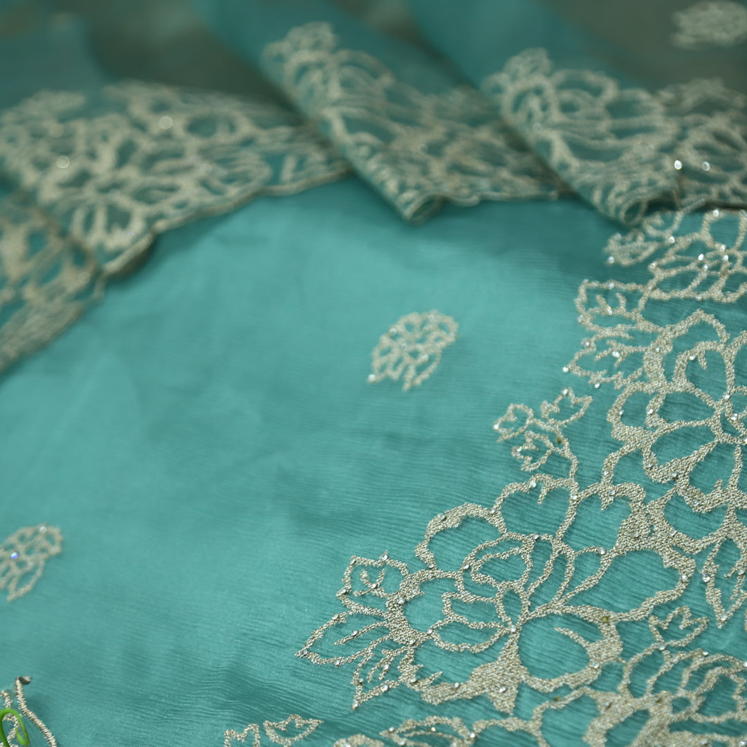 Ananya Sea Form Blue Cut Work with Zari and Stone Work Crinkle Organza Suit Set