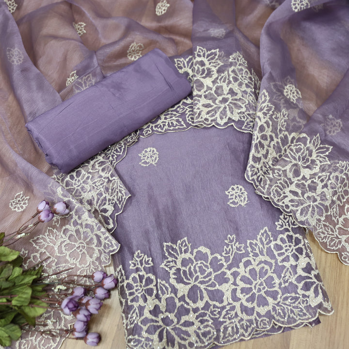 Ananya Lilly Lilac Blue Cut Work with Zari and Stone Work Crinkle Organza Suit Set
