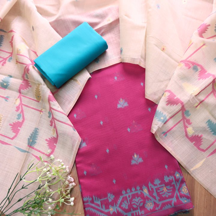 Dilruba Magenta Pink with All Over Authentic Jamdani Weaved Hem Suit Set
