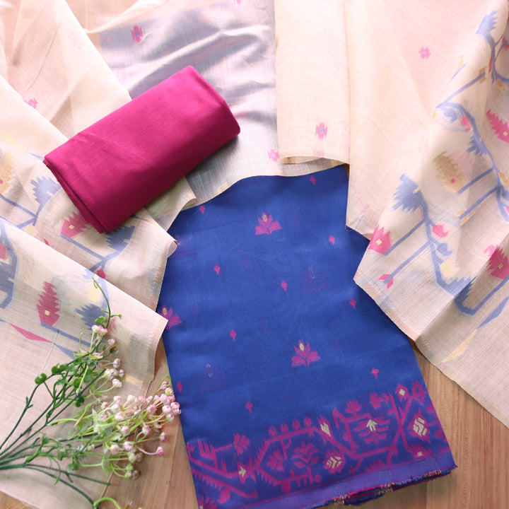 Dilruba Electric Blue with All Over Authentic Jamdani Weaved Hem Suit Set