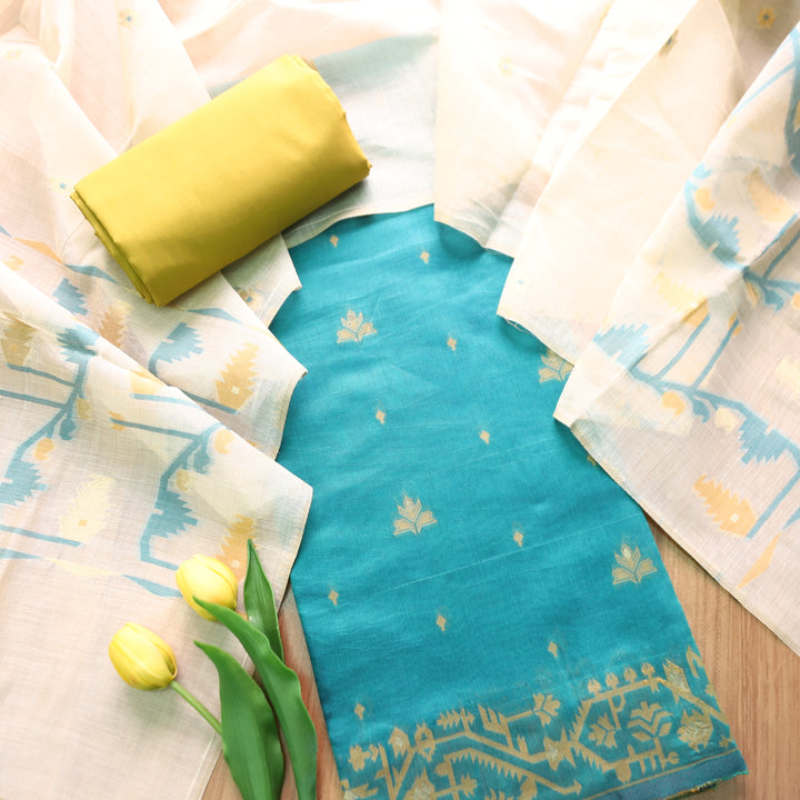 Dilruba Aqua Ocean with All Over Authentic Jamdani Weaved Hem Suit Set