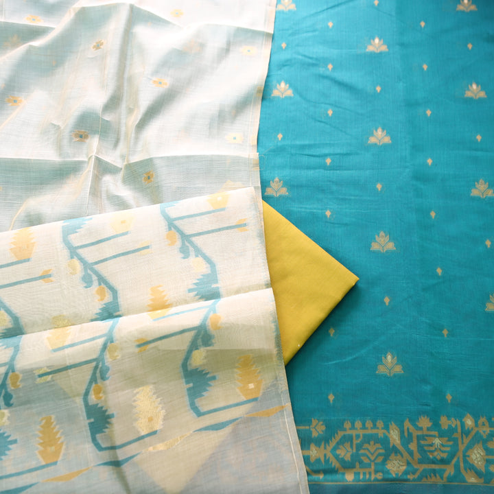 Dilruba Aqua Ocean with All Over Authentic Jamdani Weaved Hem Suit Set