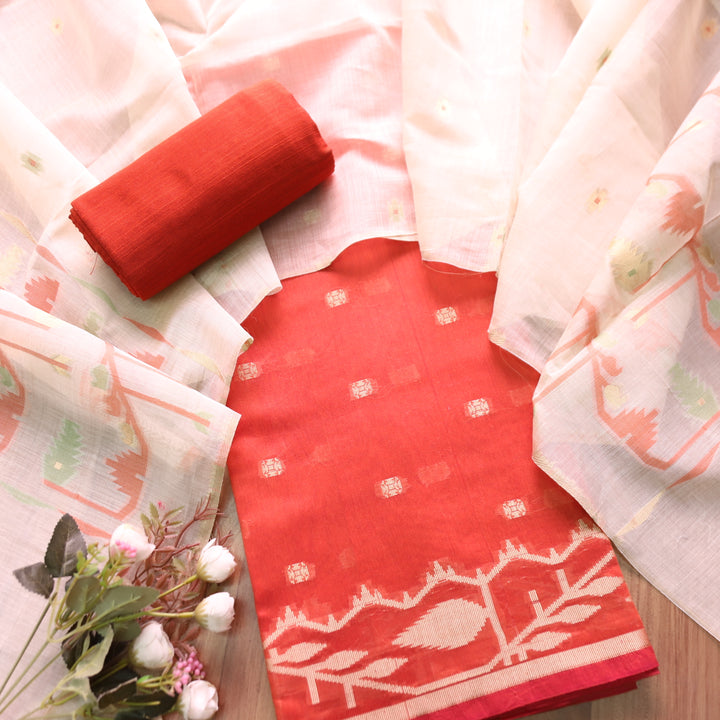 Haseen Rust Orange with All Over Authentic Jamdani Weaved Hem Suit Set