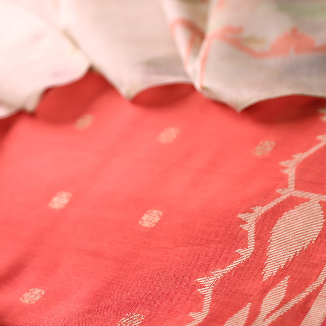 Haseen Rust Orange with All Over Authentic Jamdani Weaved Hem Suit Set