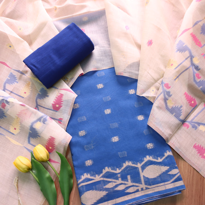 Haseen Electric Blue with All Over Authentic Jamdani Weaved Hem Suit Set