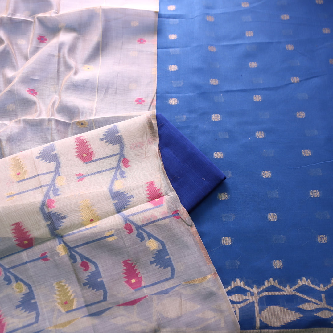 Haseen Electric Blue with All Over Authentic Jamdani Weaved Hem Suit Set