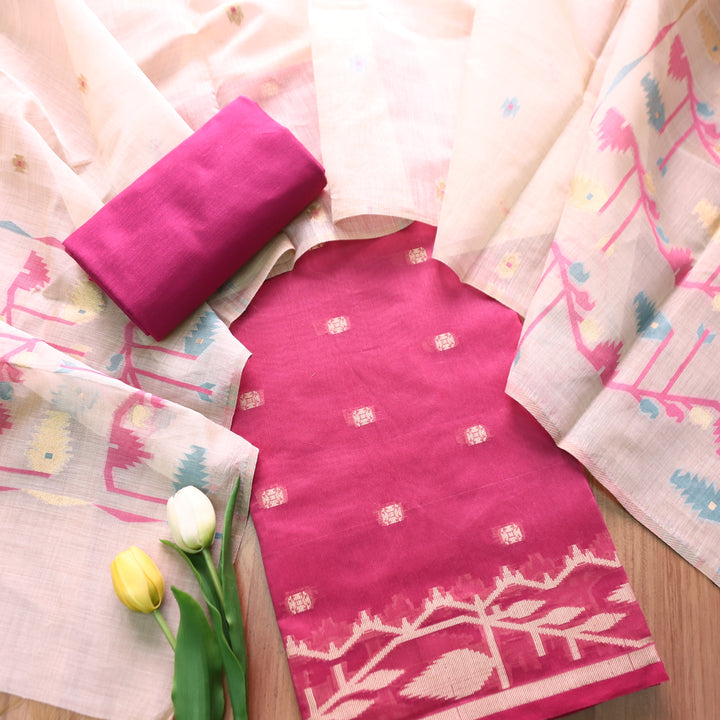 Haseen Magenta Purple with All Over Authentic Jamdani Weaved Hem Suit Set