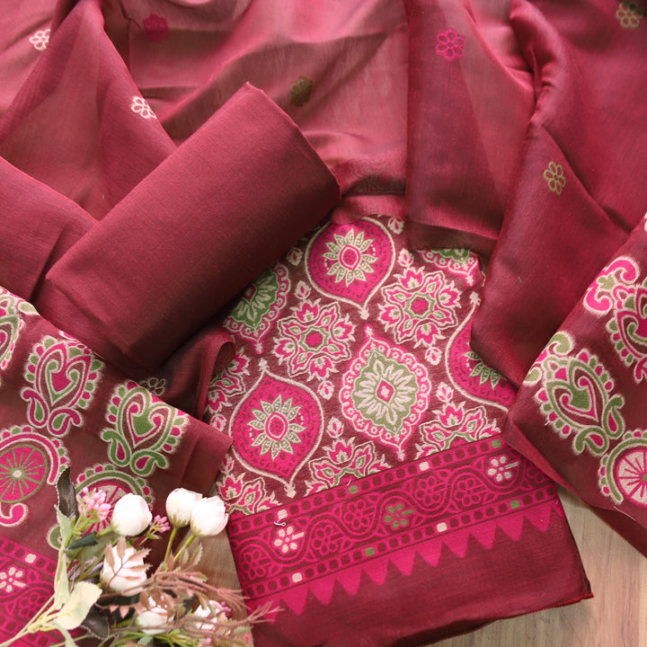 Hamraavi Burgundy Wine with All Over Authentic Jamdani Weaved Hem Suit Set