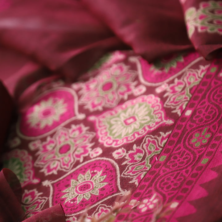 Hamraavi Burgundy Wine with All Over Authentic Jamdani Weaved Hem Suit Set