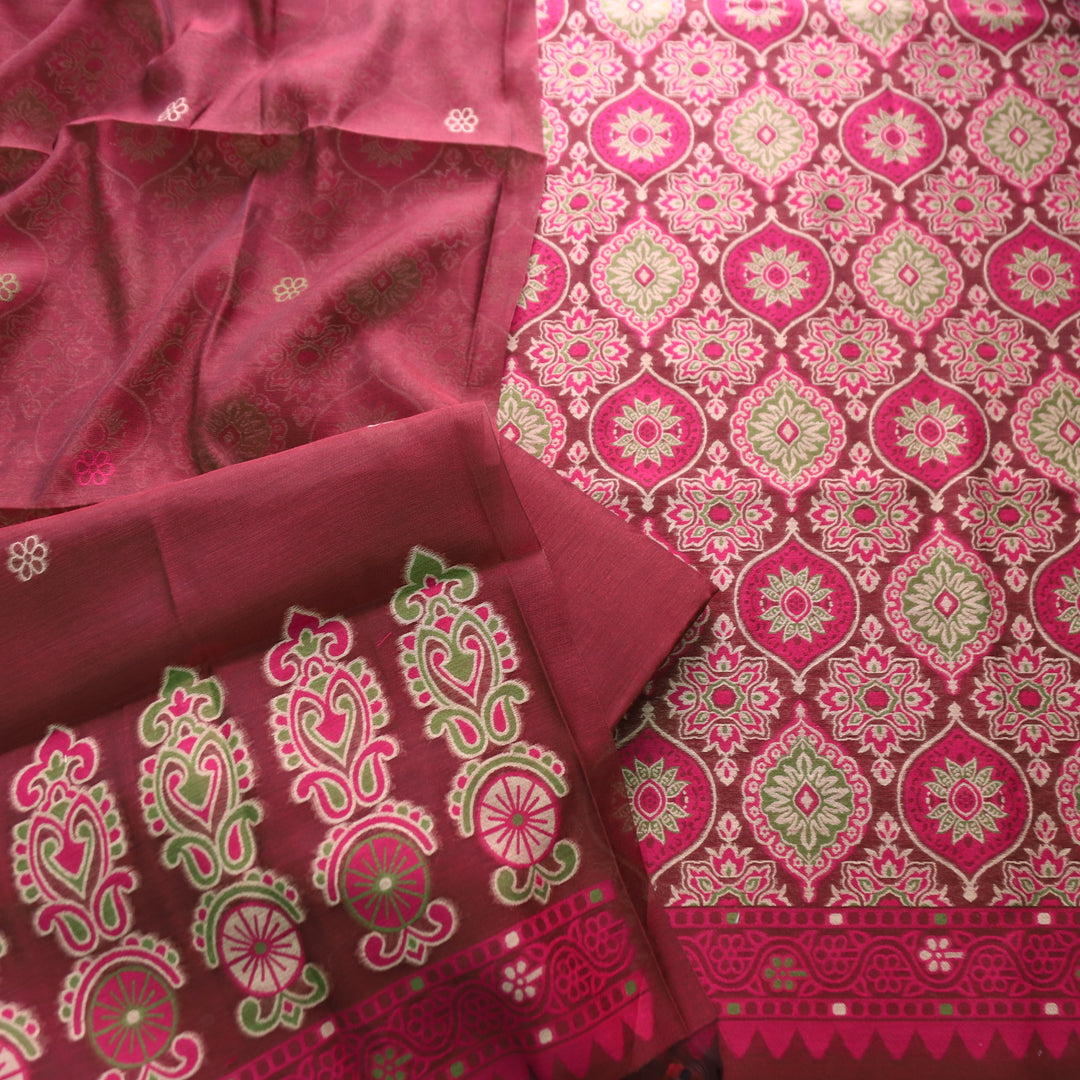 Hamraavi Burgundy Wine with All Over Authentic Jamdani Weaved Hem Suit Set