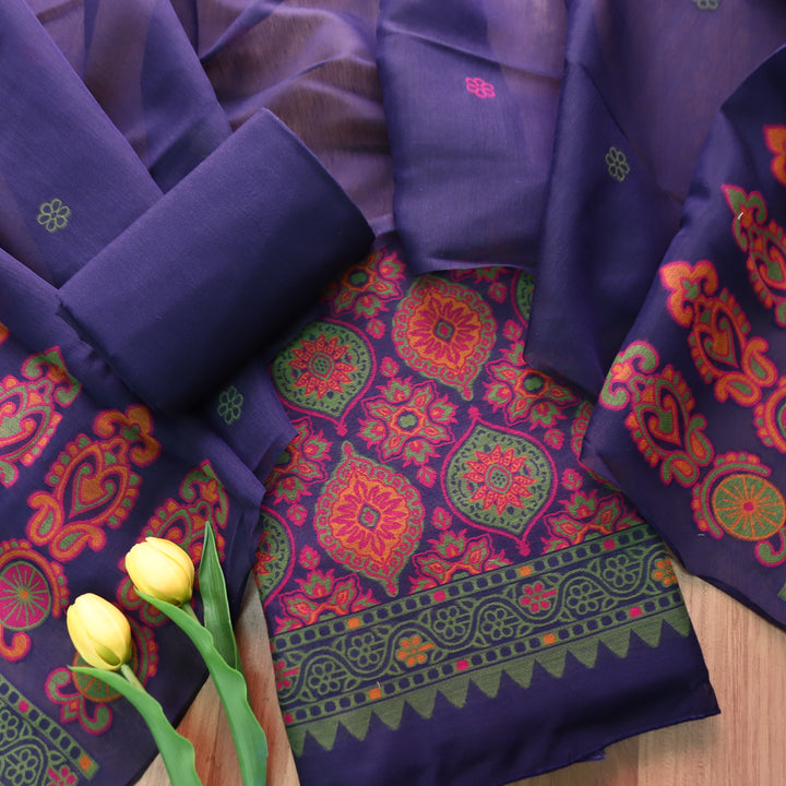 Hamraavi Indigo Blue with All Over Authentic Jamdani Weaved Hem Suit Set