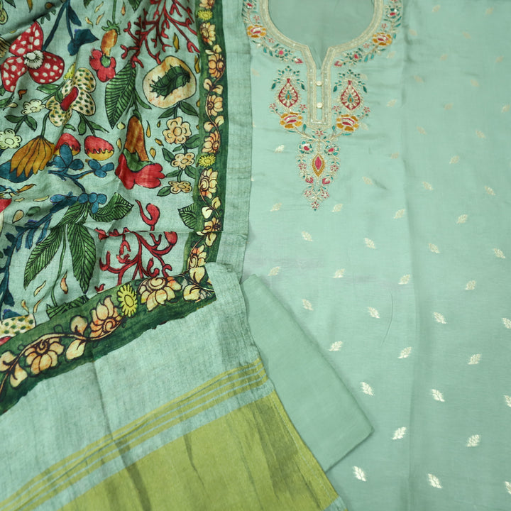 Hayaat Sea Form Sage Thread Embroidered Work Neck with Zari Dola Silk Set