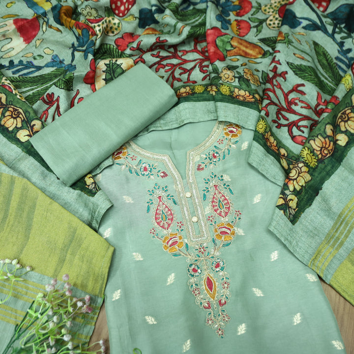 Hayaat Sea Form Sage Thread Embroidered Work Neck with Zari Dola Silk Set