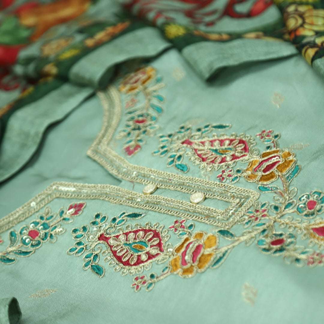 Hayaat Sea Form Sage Thread Embroidered Work Neck with Zari Dola Silk Set