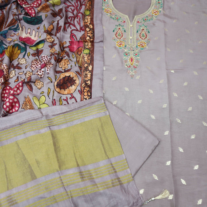 Hayaat Maupe Lilac Thread Embroidered Work Neck with Zari Dola Silk Set