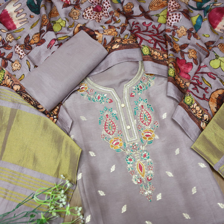 Hayaat Maupe Lilac Thread Embroidered Work Neck with Zari Dola Silk Set