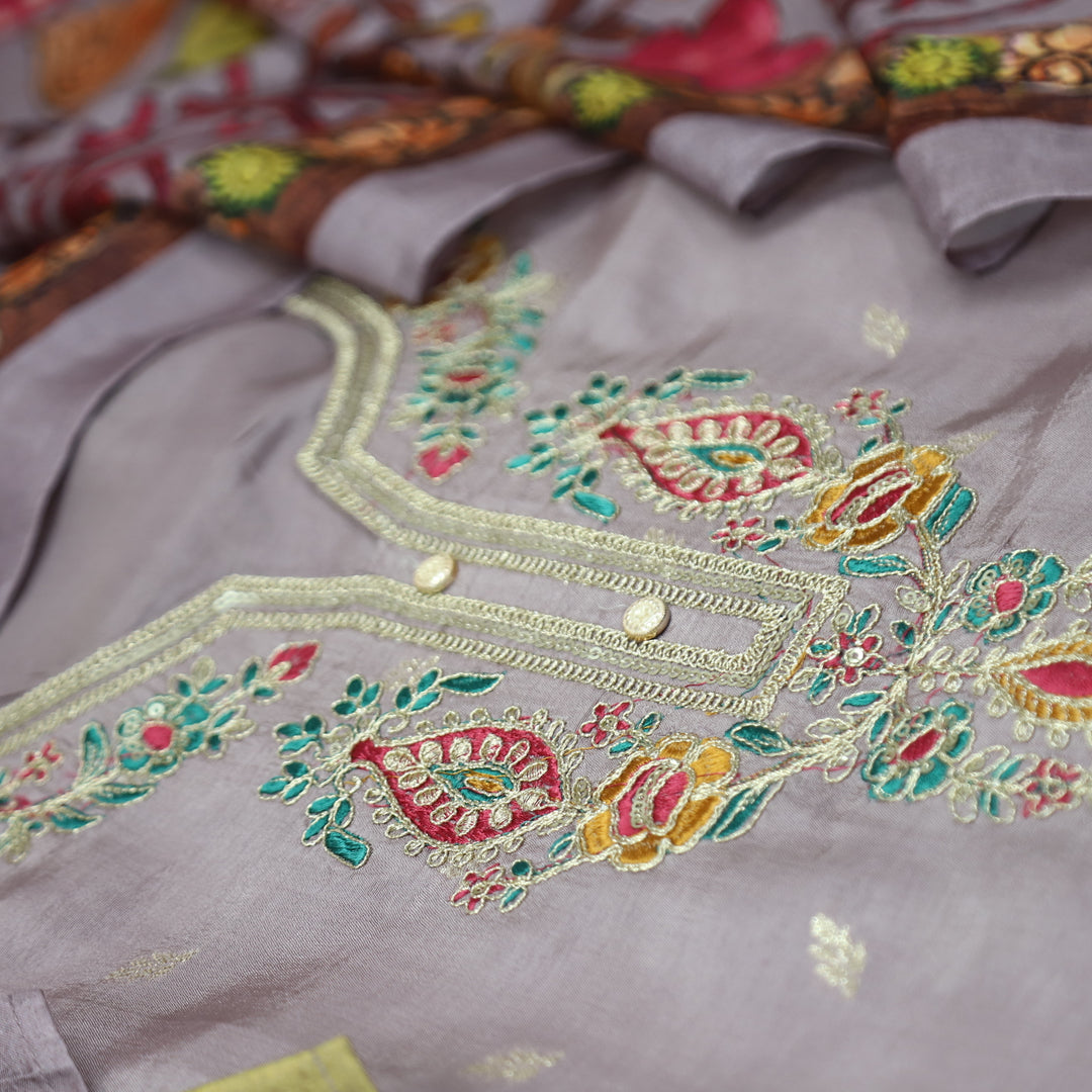 Hayaat Maupe Lilac Thread Embroidered Work Neck with Zari Dola Silk Set