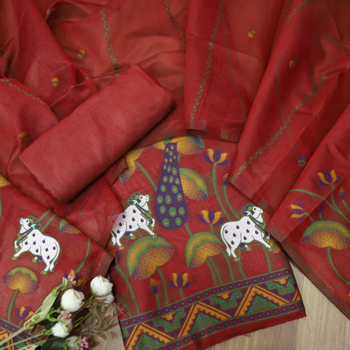Hamraavi Berry Red with All Over Authentic Pichwai Jamdani Weaved Hem Suit Set