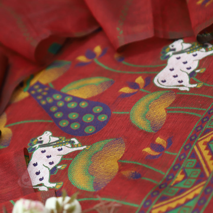 Hamraavi Berry Red with All Over Authentic Pichwai Jamdani Weaved Hem Suit Set